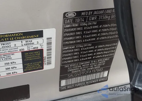 2015 Land Rover Range Rover 5.0L V8 Supercharged Autobiography z USA, uszkodzony, nr VIN SALGV2TF2FA197843